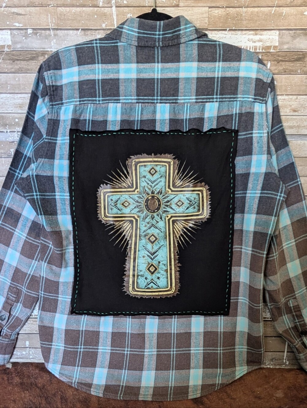 Boho Southwestern Cross Upcycled Dip Dyed Bleached Flannel Shirt